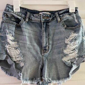 Oasis by Eunina, distressed high low shortie, size medium, denim short